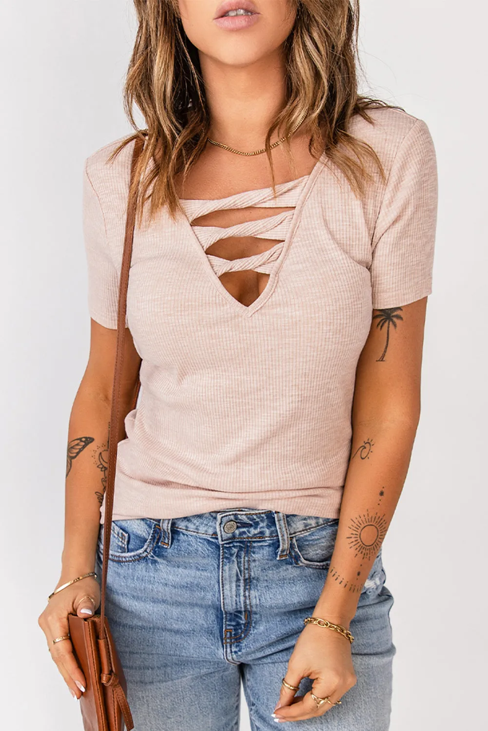 Apricot Strappy Rib Knit T Shirt