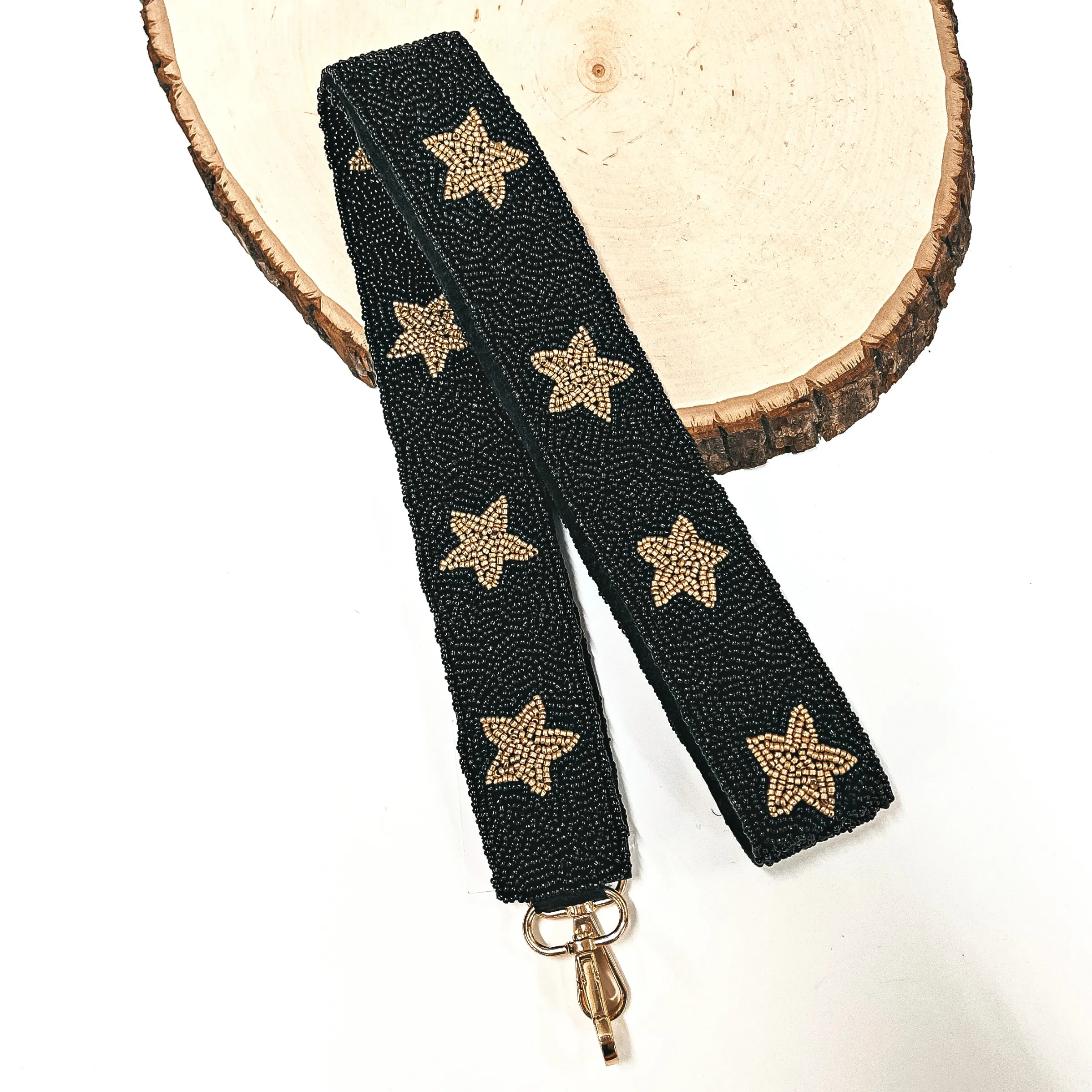 Beaded Purse Strap with Stars in Black and Gold