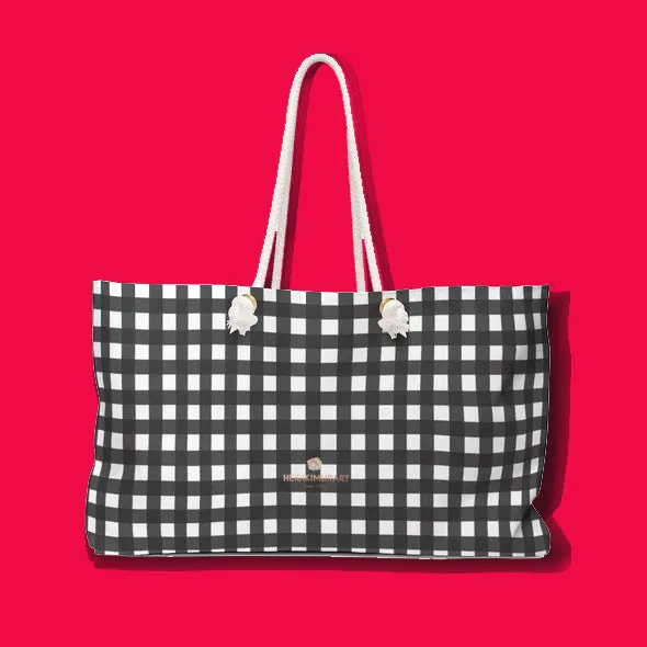 Black Buffalo Weekender Bag, Plaid Print Oversized 24"x13" Large Tote Bag-Made in USA