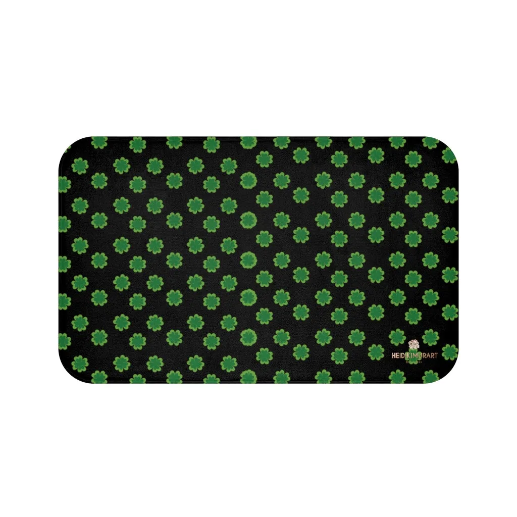 Black Green Clover Bath Mat, St. Patrick's Day Bathroom Microfiber Rug- Printed in USA