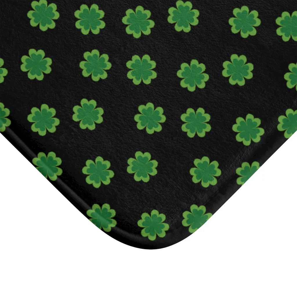 Black Green Clover Bath Mat, St. Patrick's Day Bathroom Microfiber Rug- Printed in USA