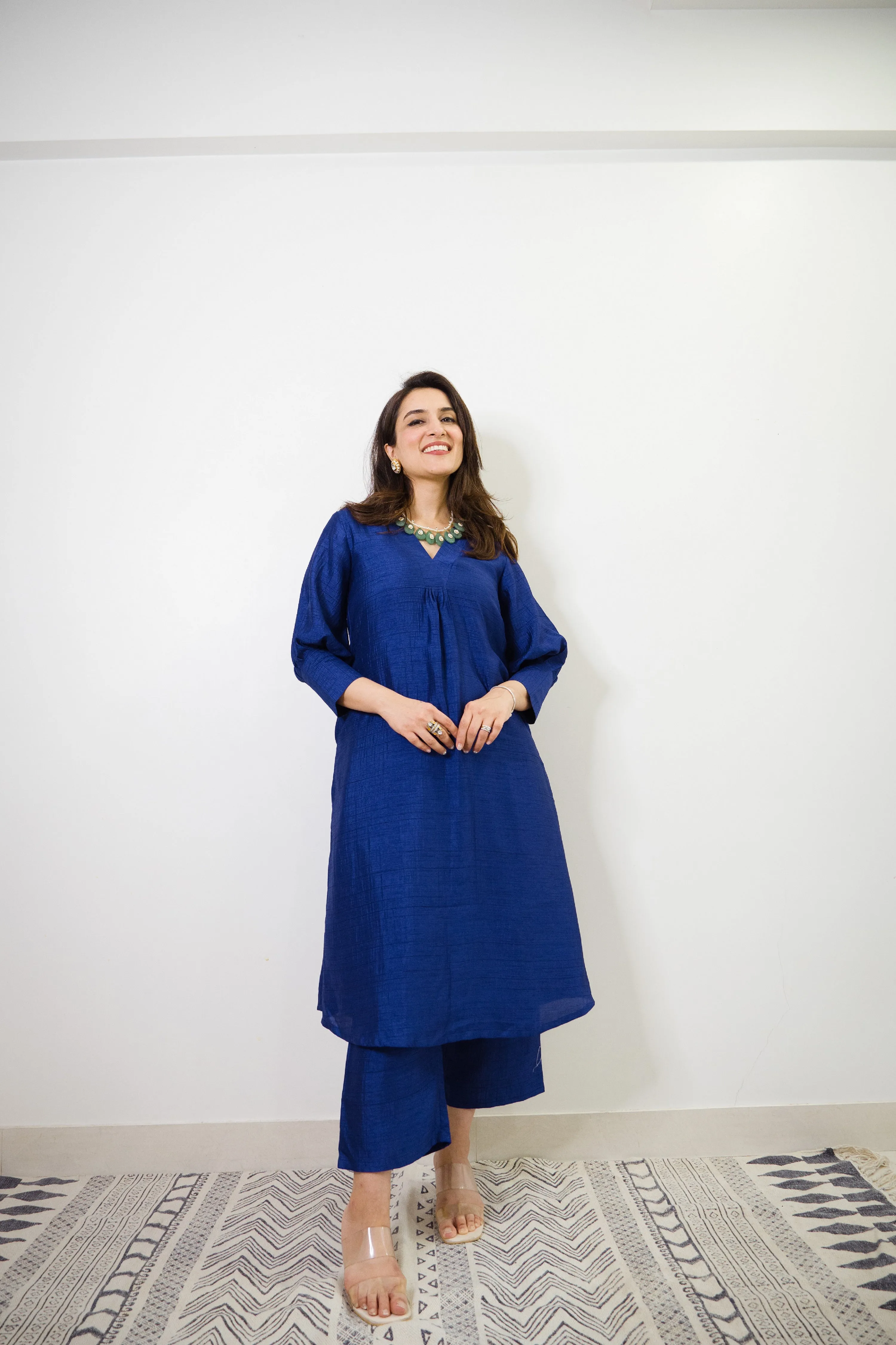 Blue Textured Silk Puff Sleeve Kurta Pant Set