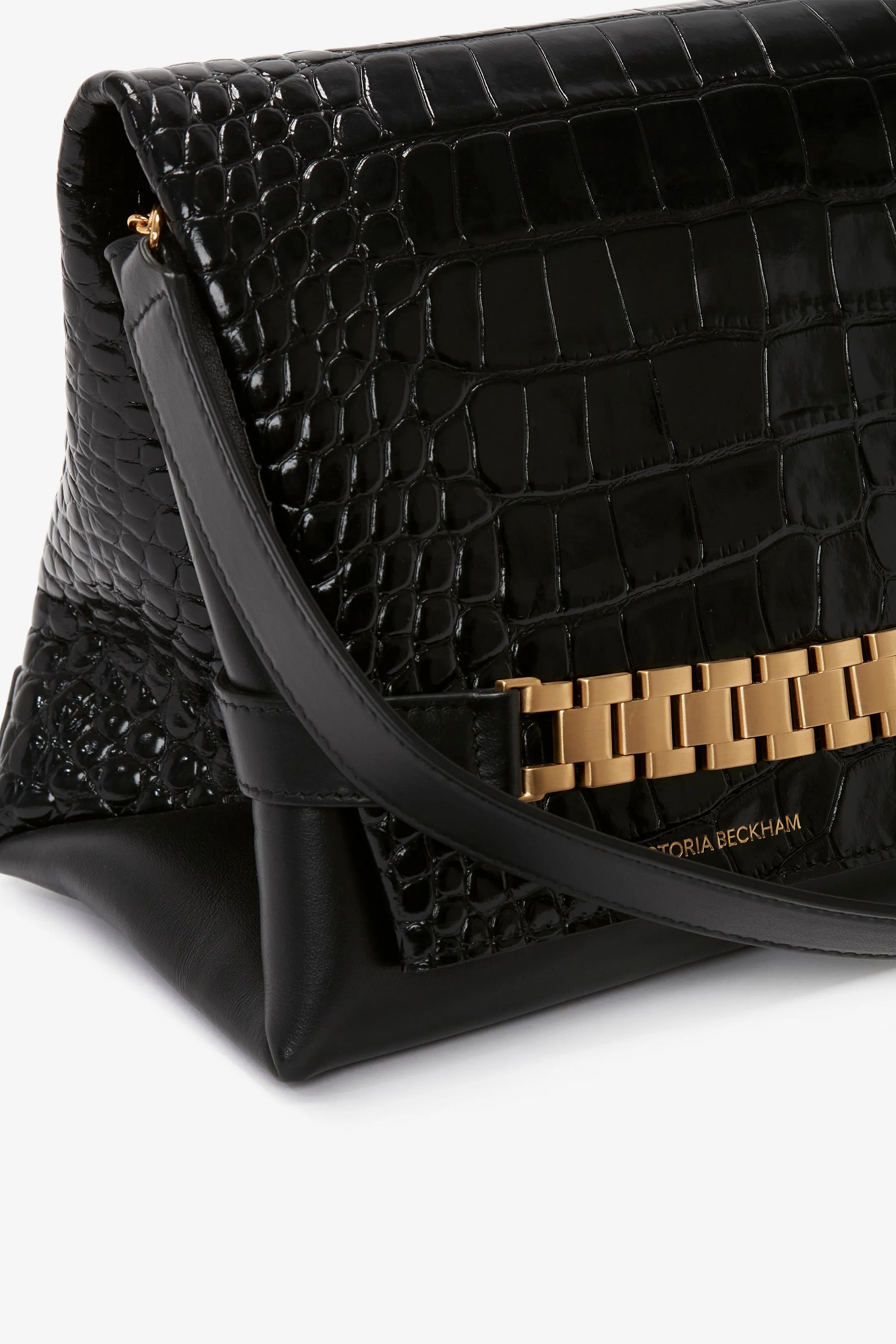 Chain Pouch Bag With Strap In Black Croc-Effect Leather