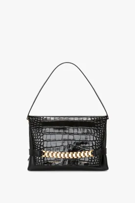 Chain Pouch Bag With Strap In Black Croc-Effect Leather