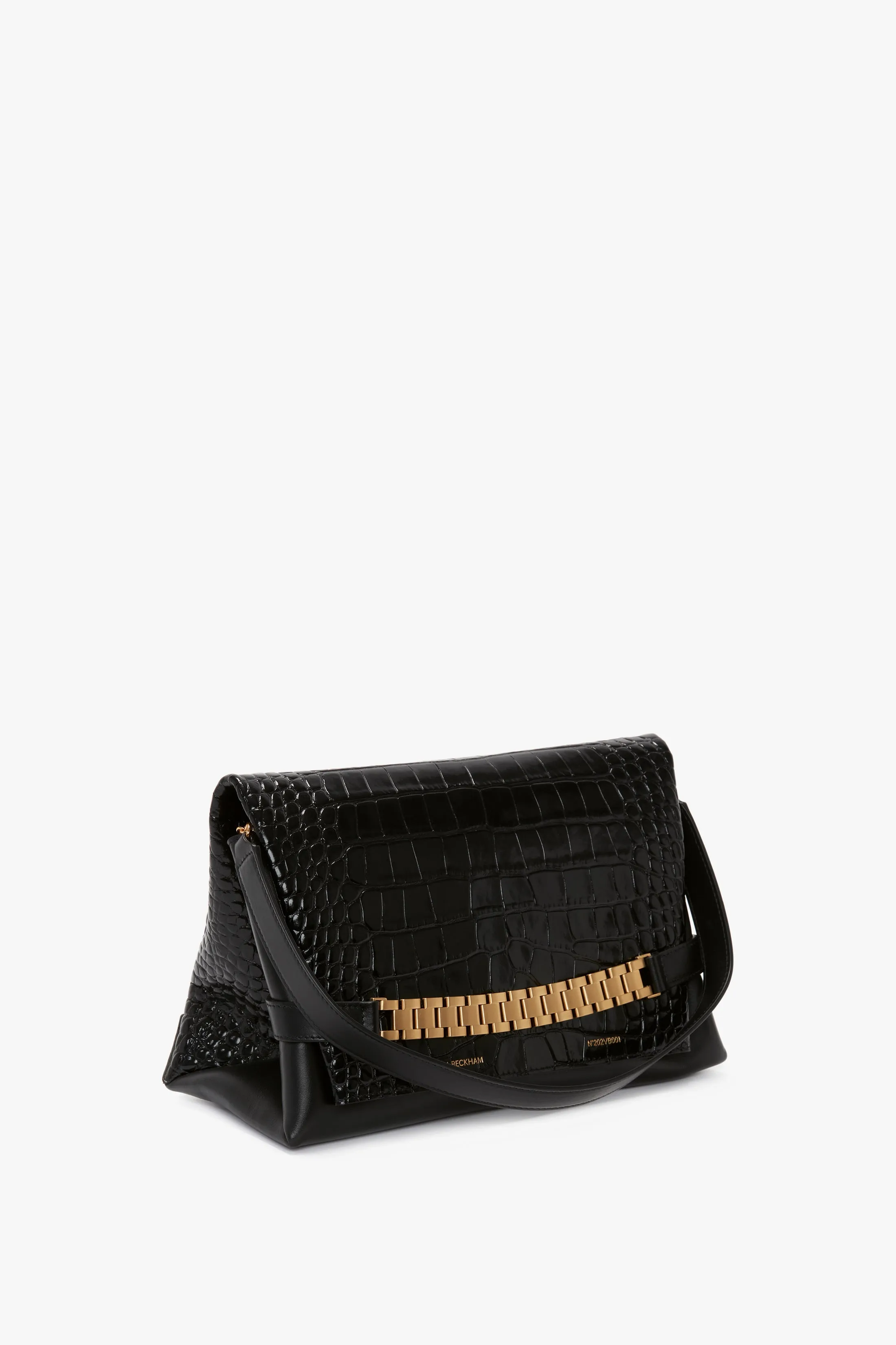 Chain Pouch Bag With Strap In Black Croc-Effect Leather