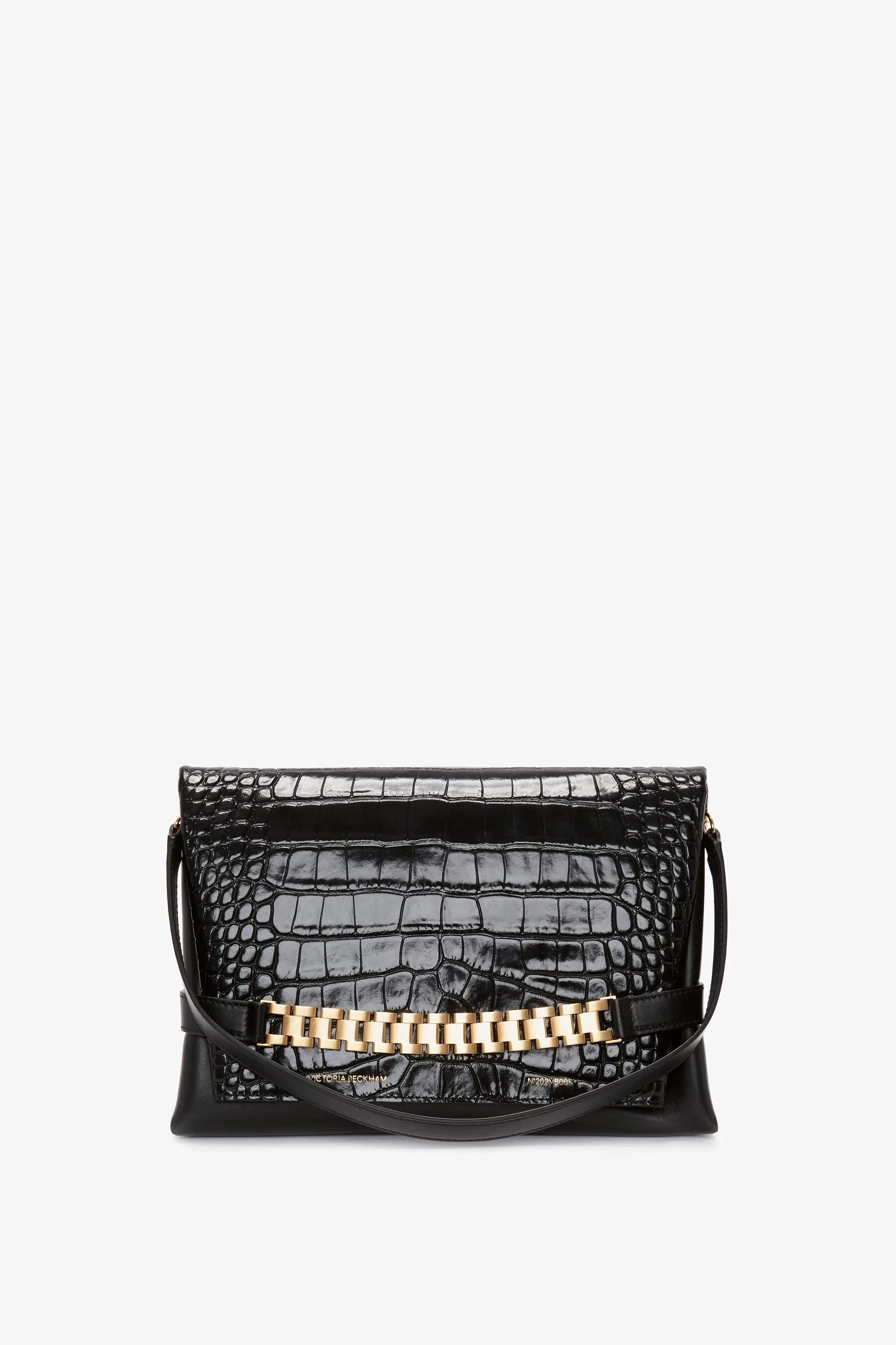 Chain Pouch Bag With Strap In Black Croc-Effect Leather