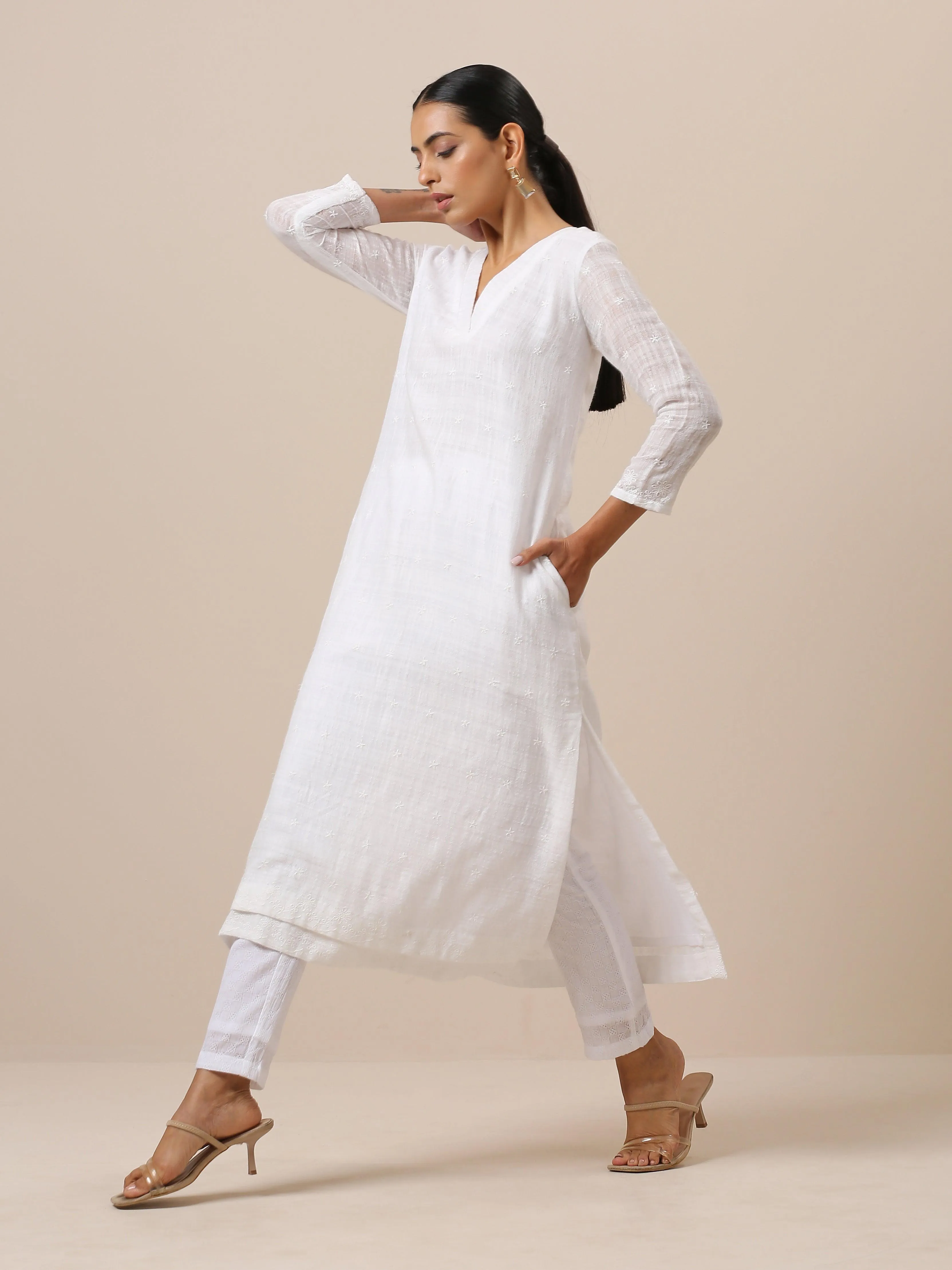 Cotton White Double Hem Embroidered Kurta Pant Set