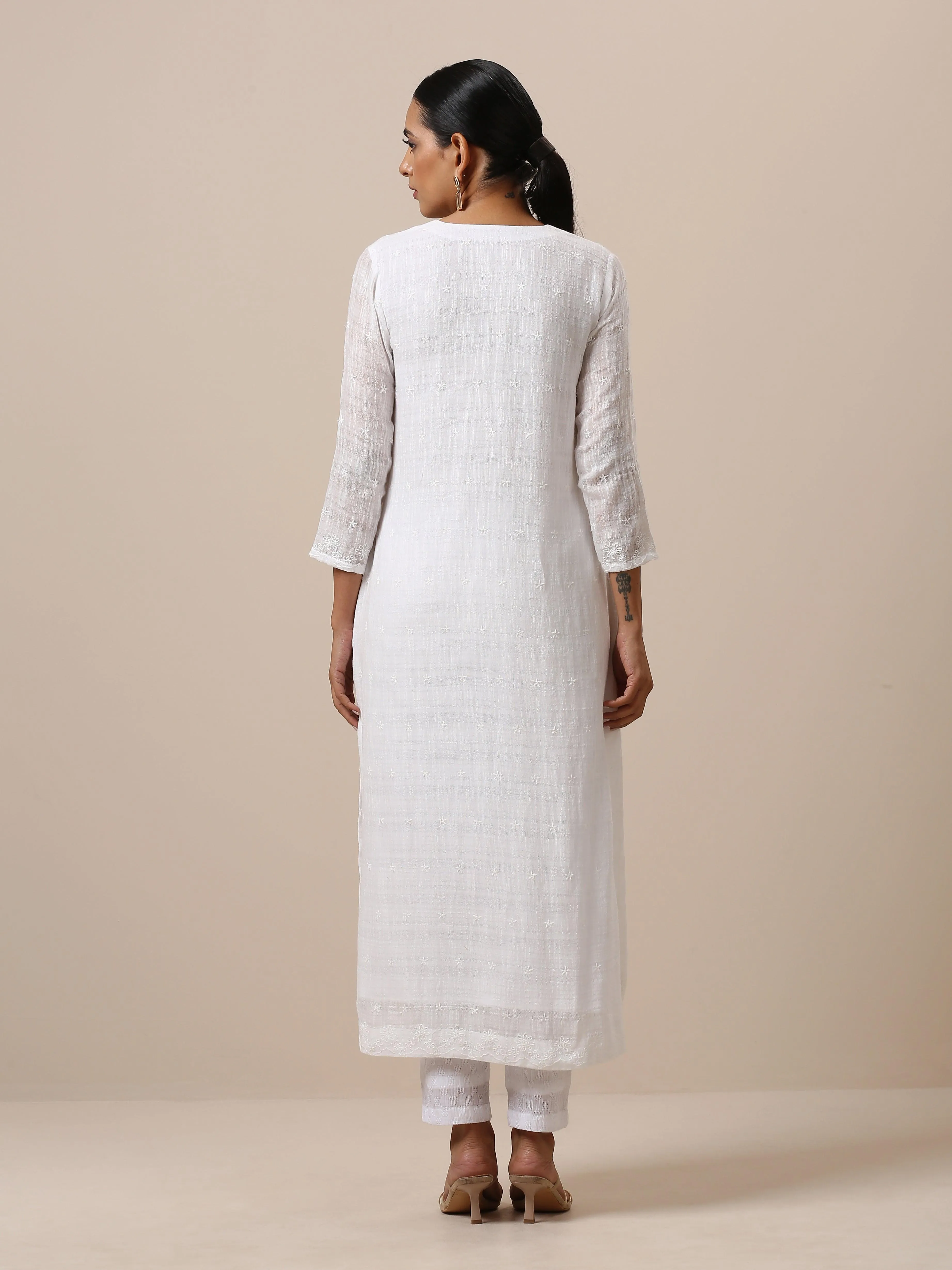 Cotton White Double Hem Embroidered Kurta Pant Set