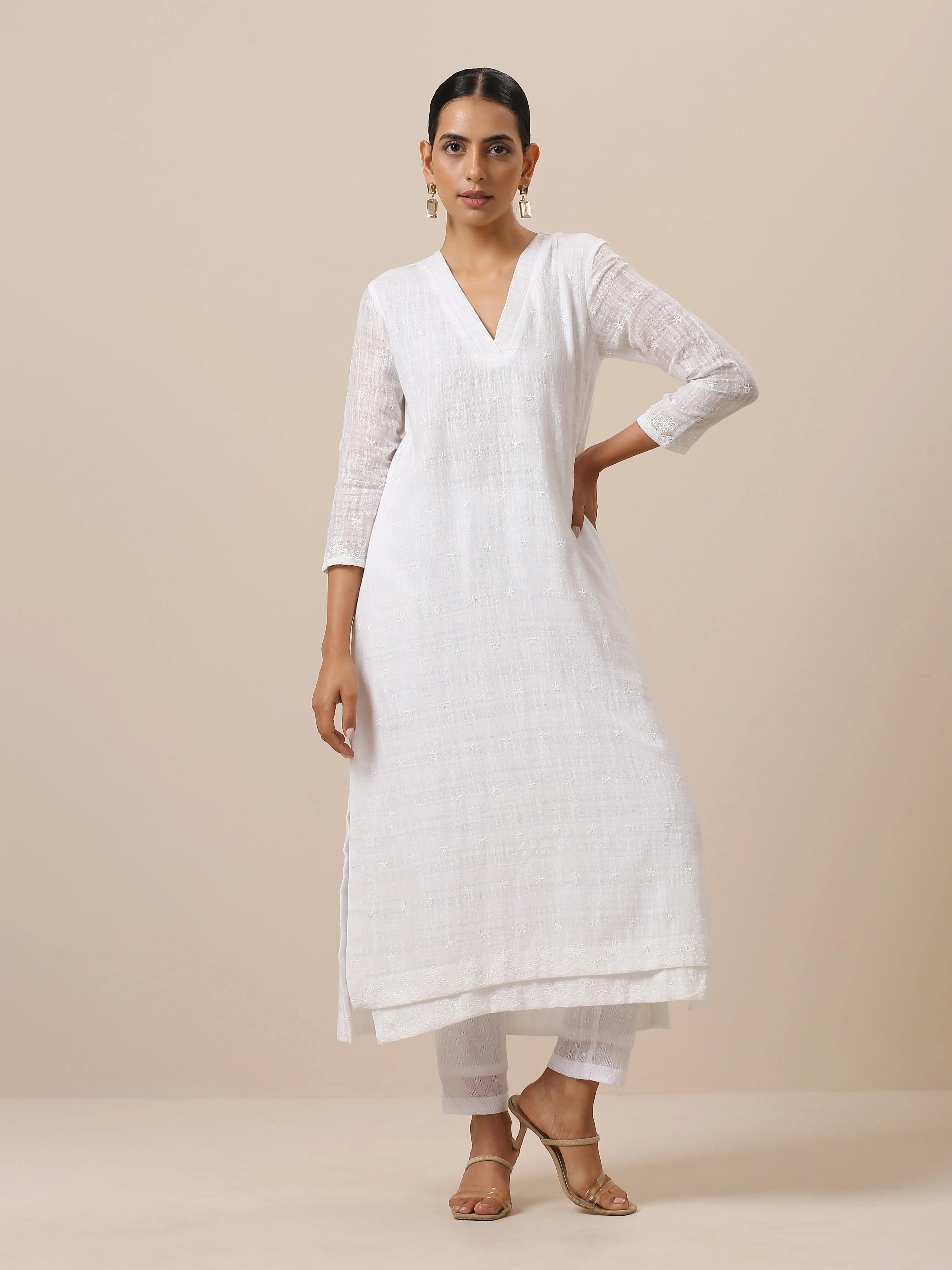 Cotton White Double Hem Embroidered Kurta Pant Set