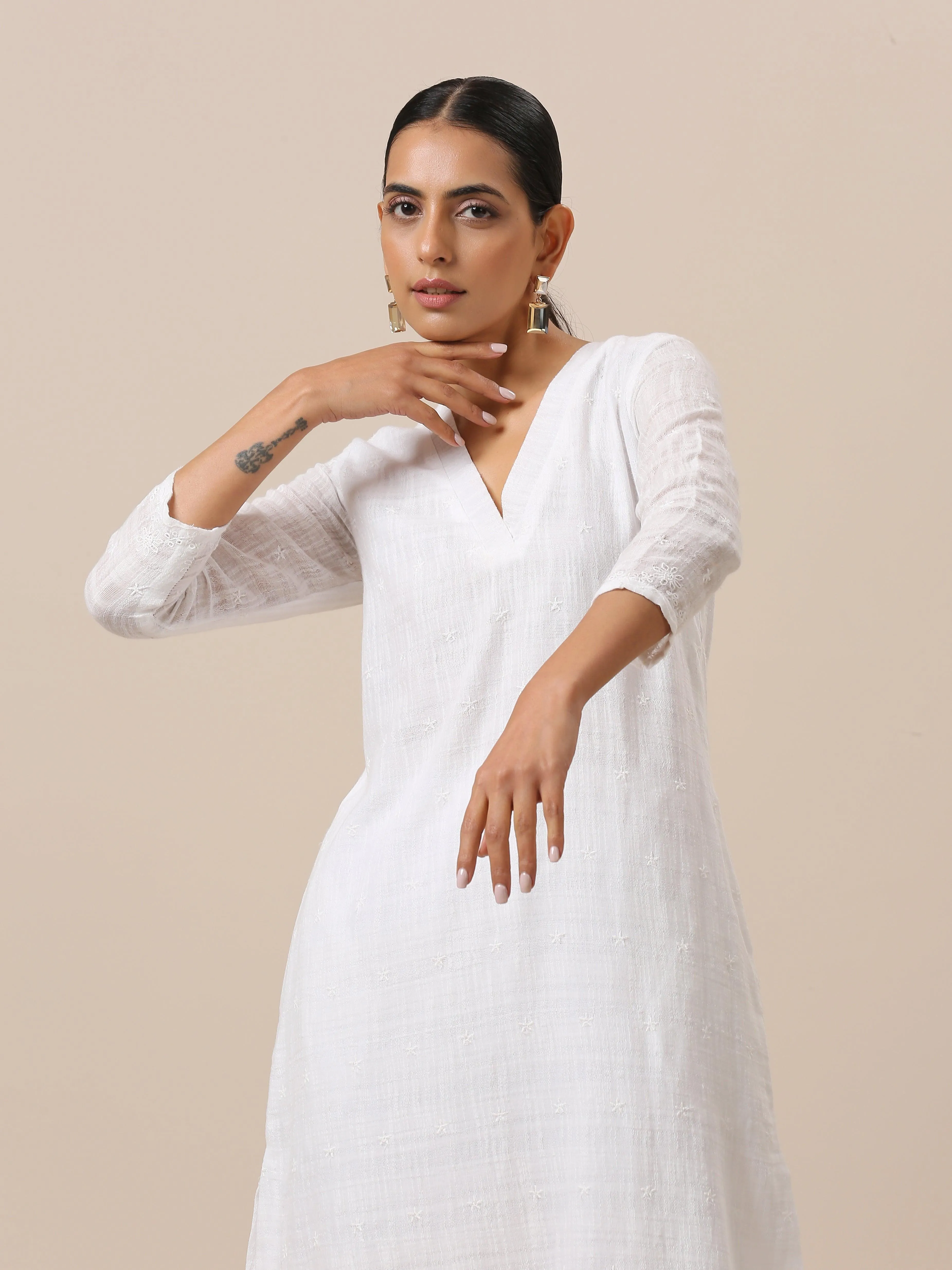 Cotton White Double Hem Embroidered Kurta Pant Set