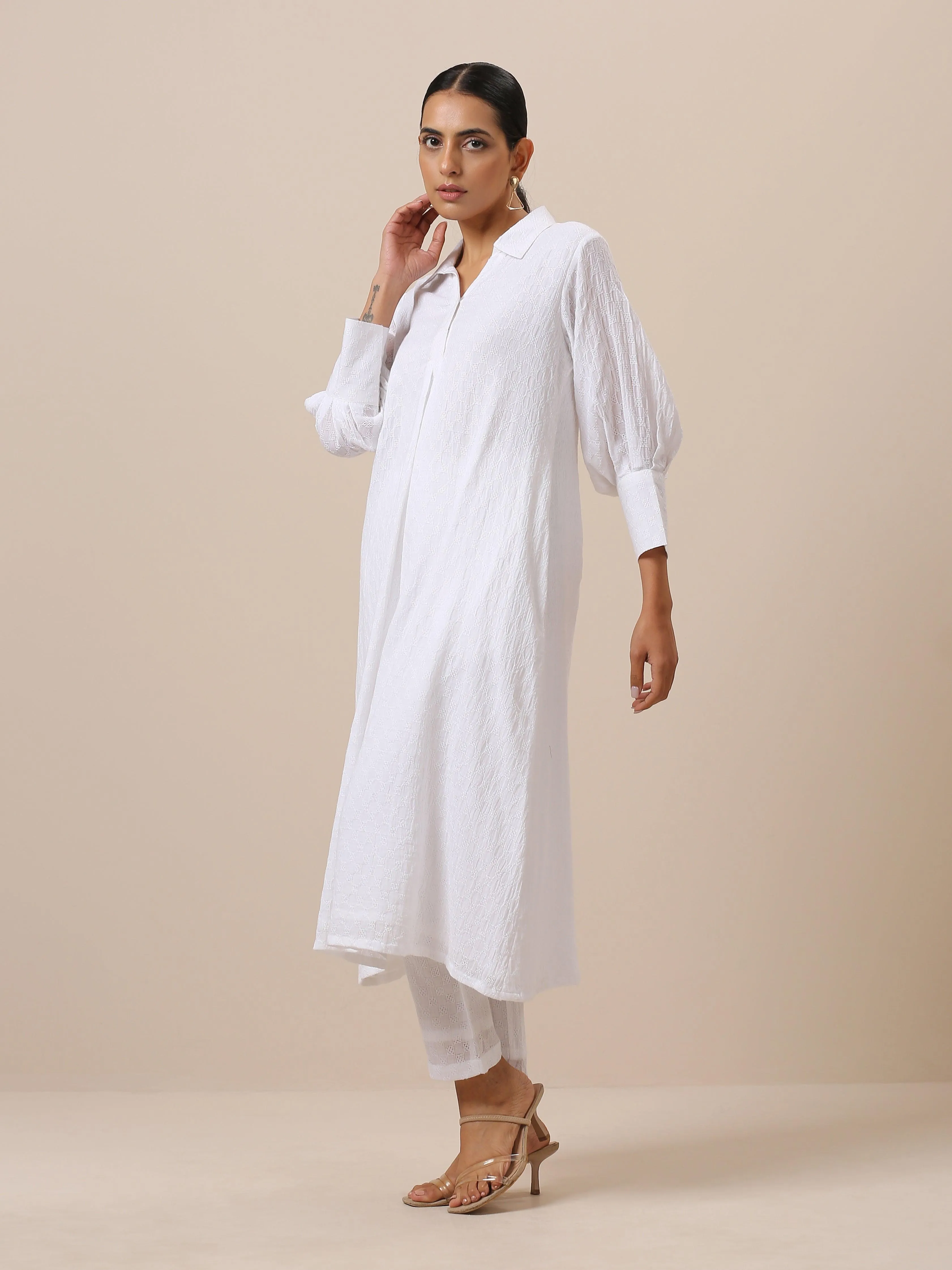 Cotton White Weave Collar Kurta Pant Set