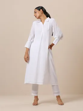 Cotton White Weave Collar Kurta Pant Set