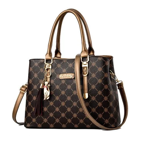 CT44942 GOLCOFFEE Vintage-Inspired Geometric Print PU Leather Tote Bag