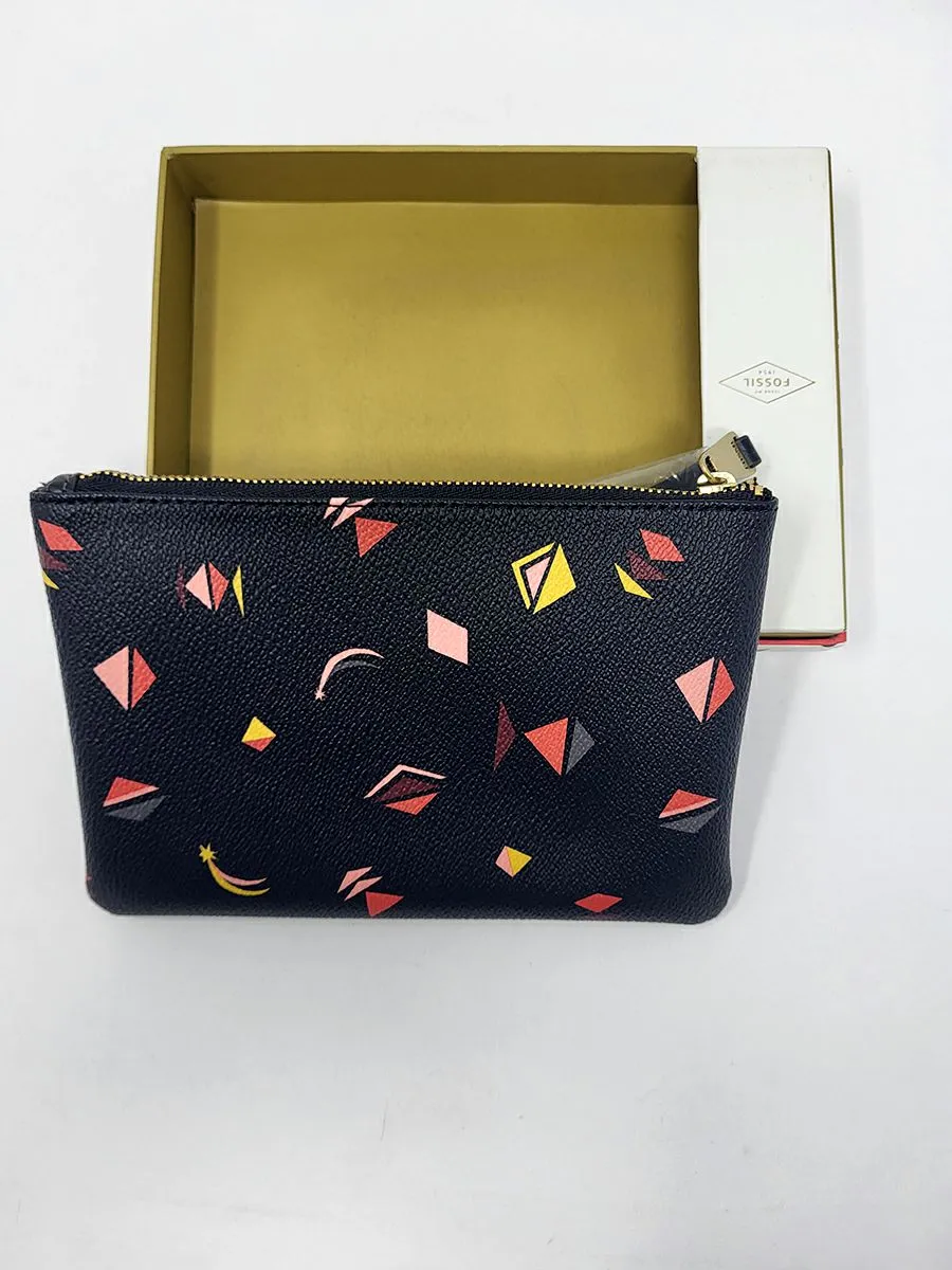 Fossil Black & Coral Leather Retro Wristlet NWT