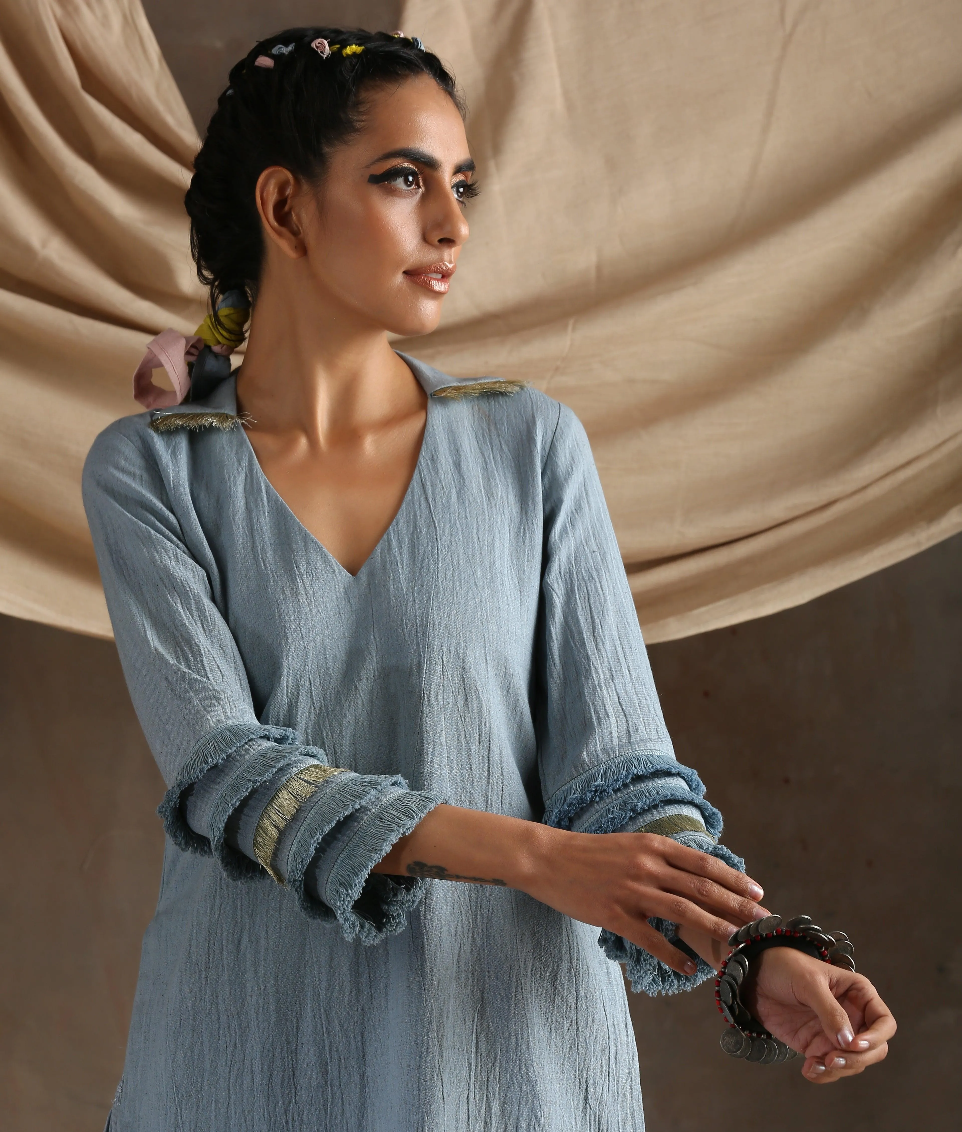 Grey Pure Cotton Long Slit Lace Kurta