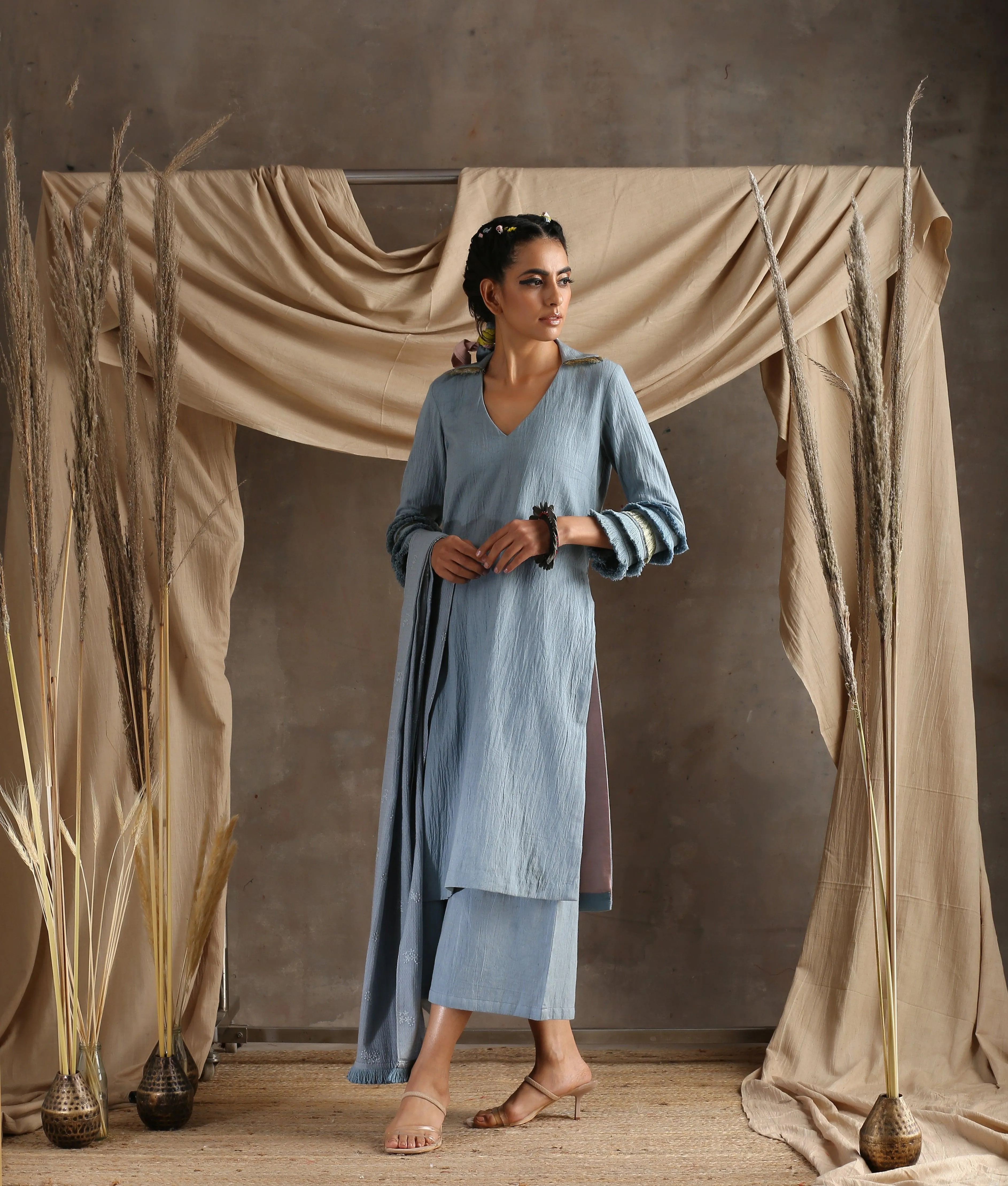 Grey Pure Cotton Long Slit Lace Kurta