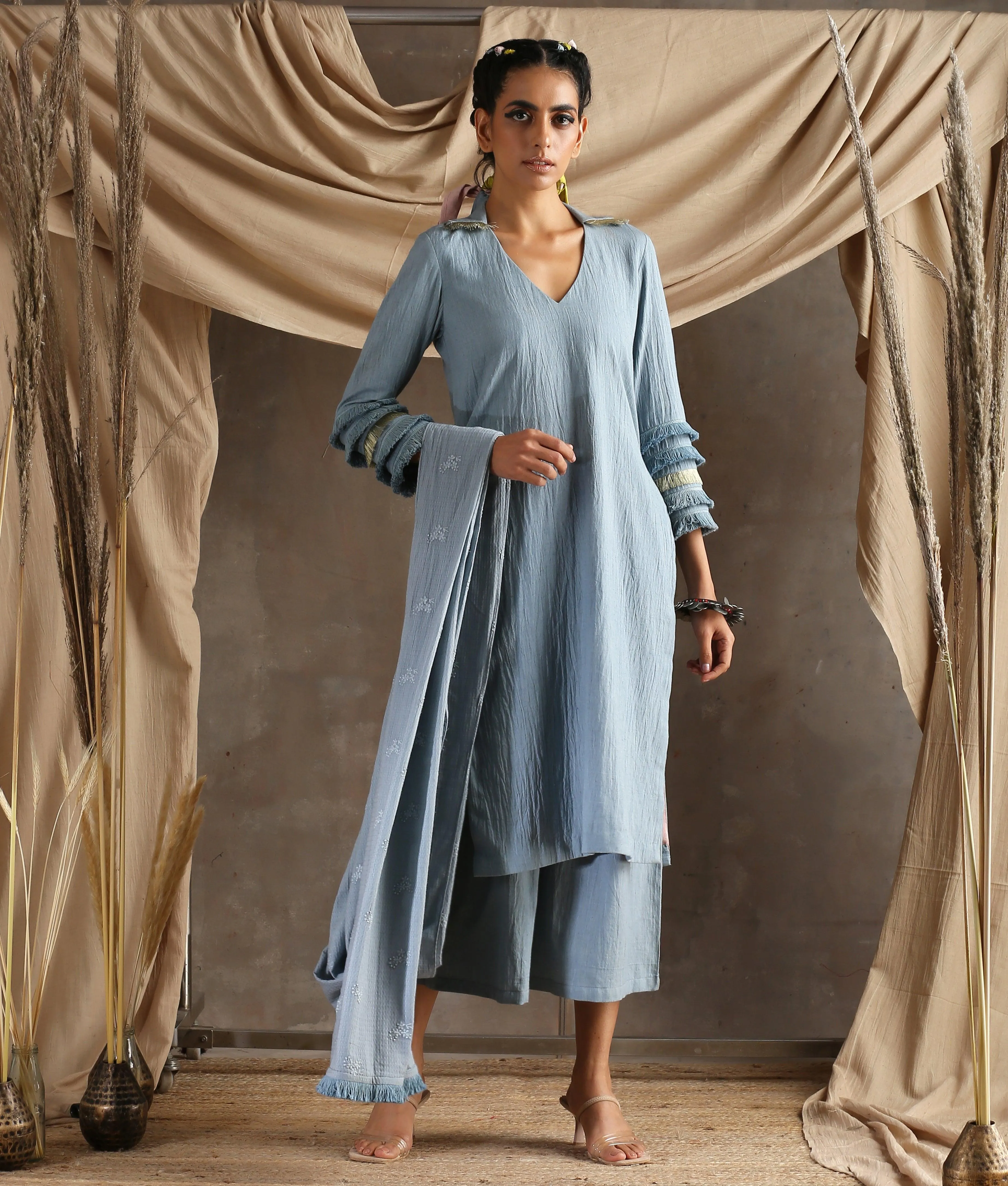 Grey Pure Cotton Long Slit Lace Kurta