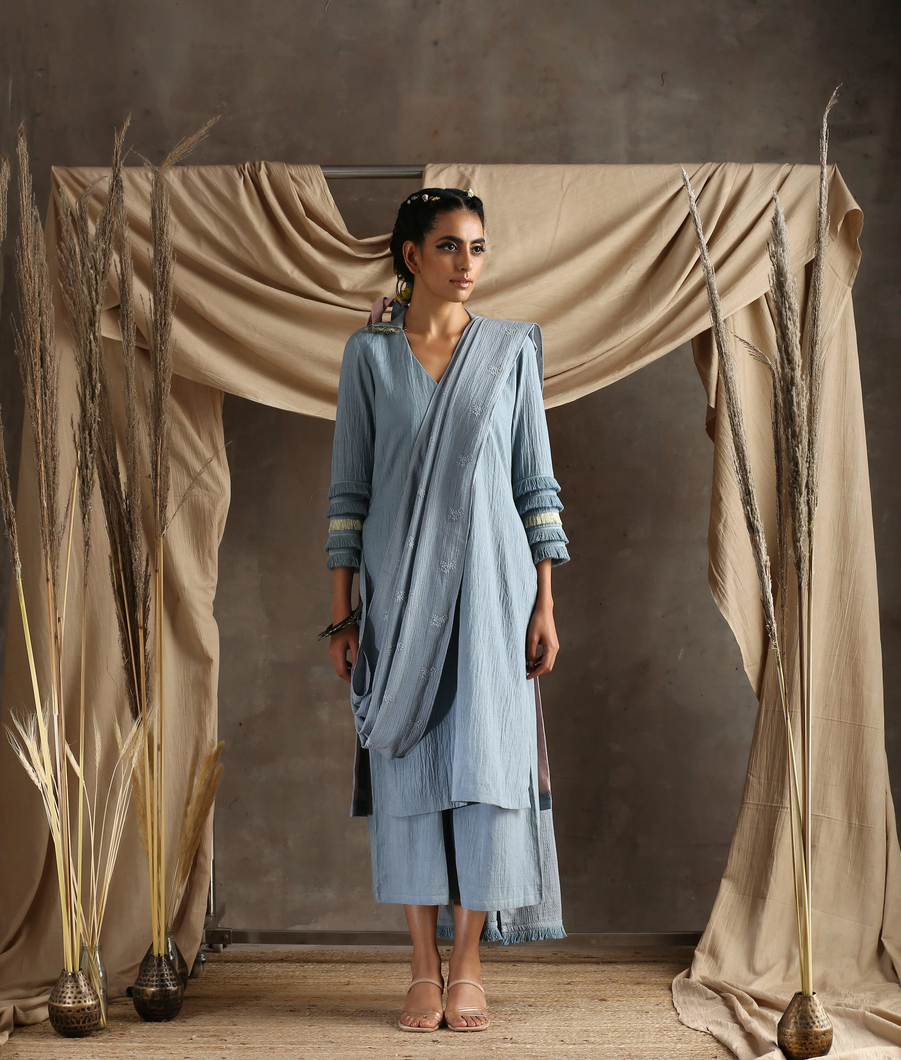 Grey Pure Cotton Long Slit Lace Kurta