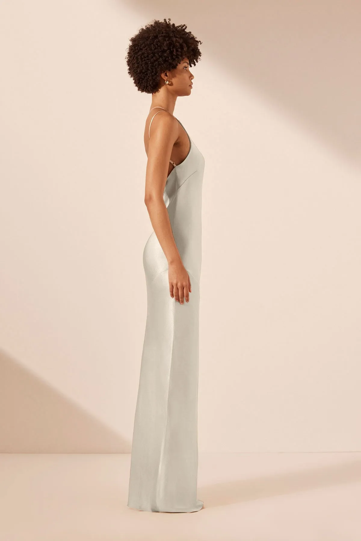 LA LUNE ONE SHOULDER COWL BACK MAXI DRESS - SILVER