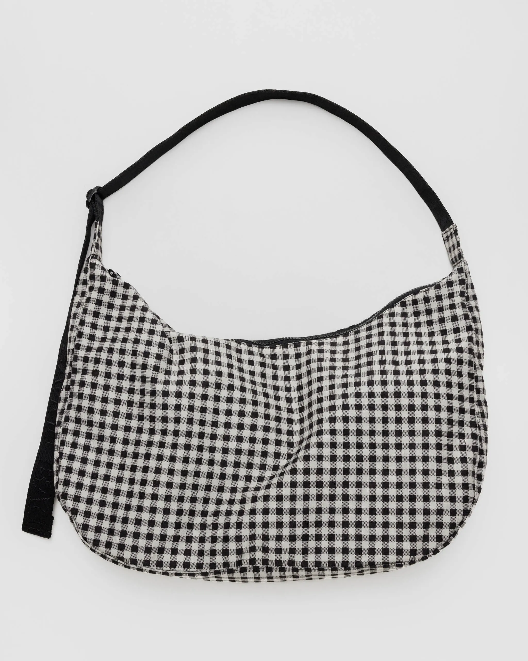 Large Black and White Gingham Nylon Crescent Bag