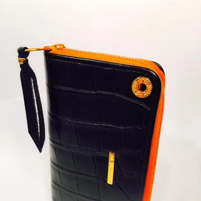 Large Zipper Wallet in Matte Black Crocodile Leather