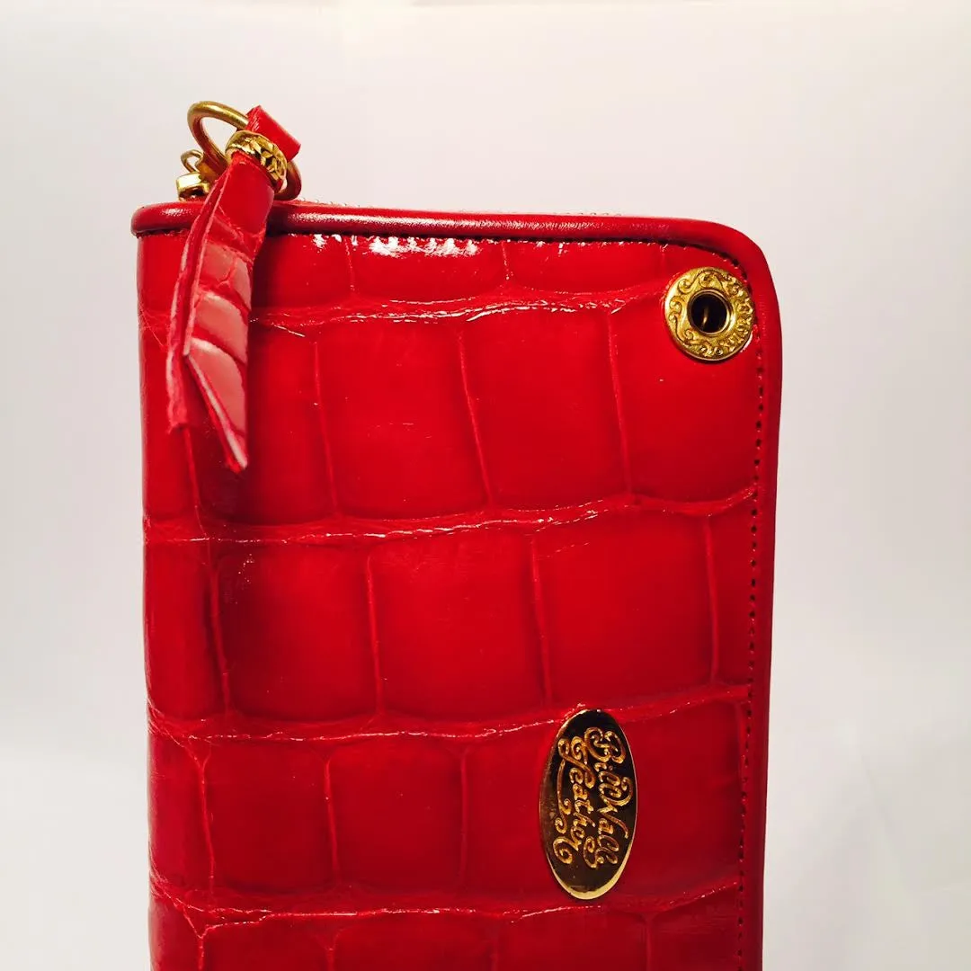 Large Zipper Wallet in Red Shiny Crocodile Leather