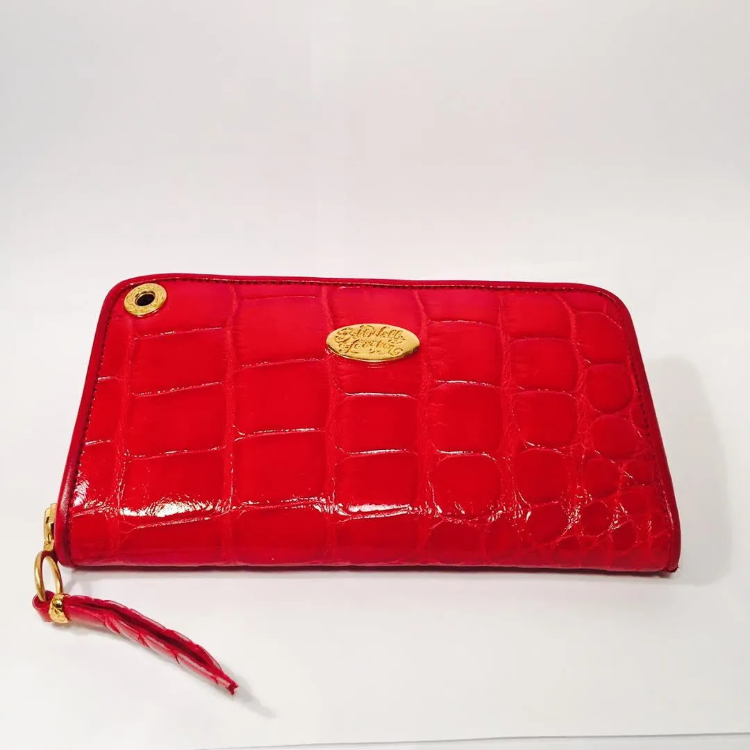 Large Zipper Wallet in Red Shiny Crocodile Leather