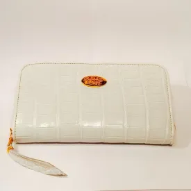 Large Zipper Wallet in White Shiny Crocodile Leather