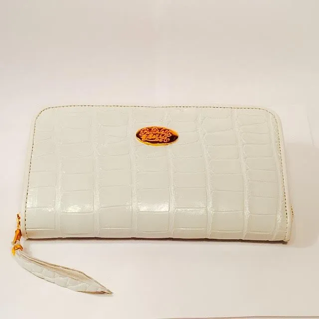 Large Zipper Wallet in White Shiny Crocodile Leather