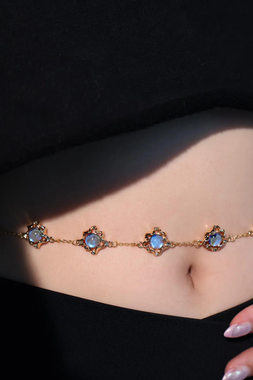 Multi Wearing Deep Blue Moonstones Bracelet Necklace (Waist Chain)