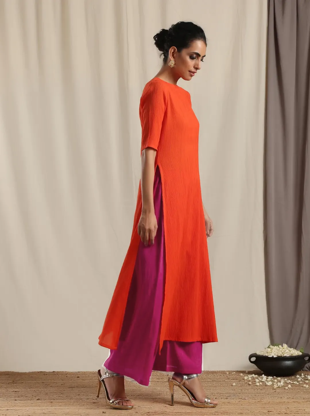 Orange Crinkle Slit Kurta Pant Set