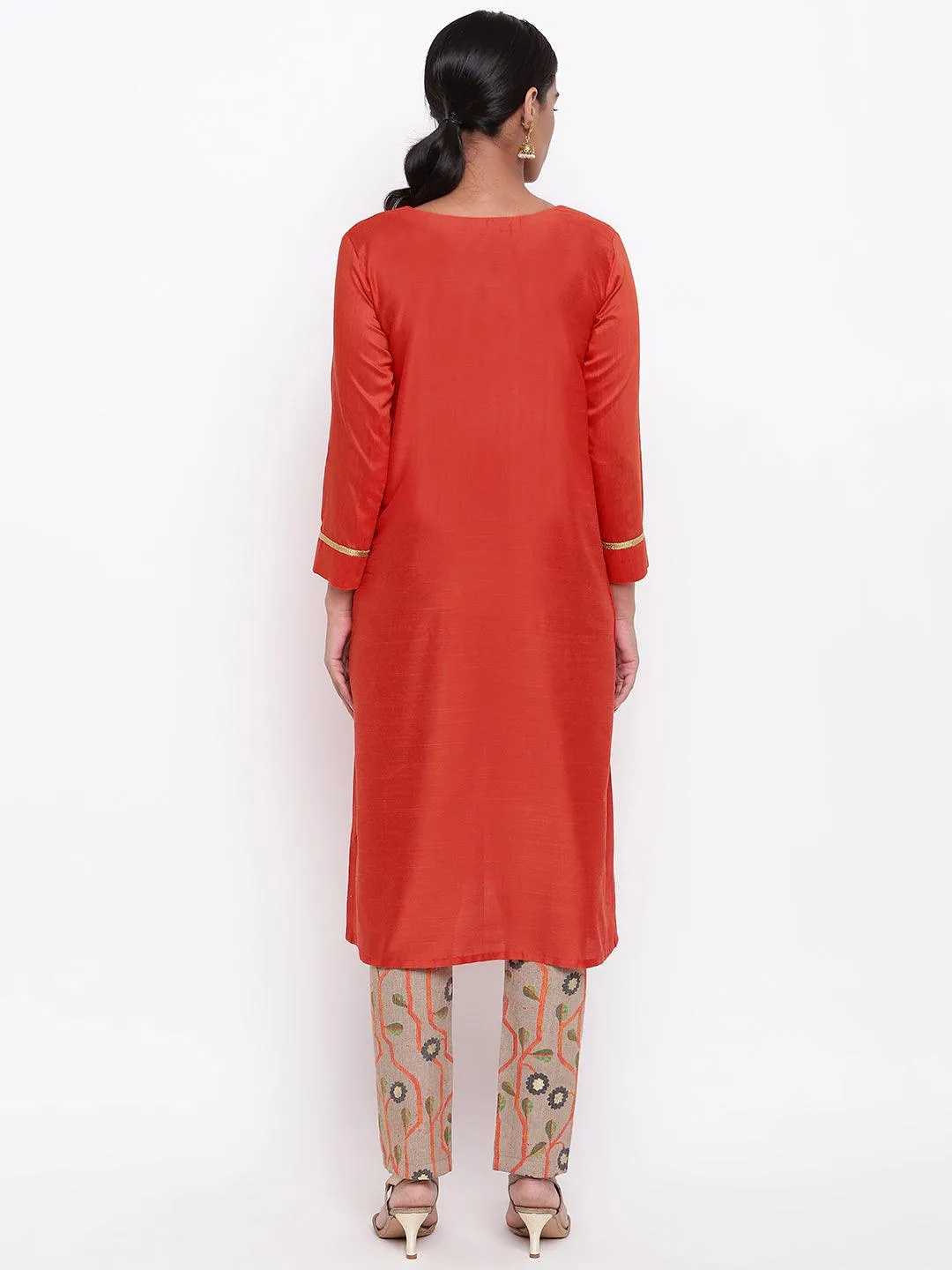 Orange Lace Kurta Stem Foil Pant