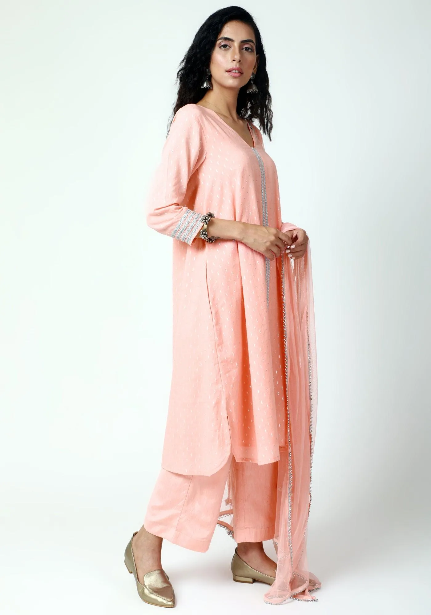 Peach Silver Laced Kurta-Pant-Dupatta