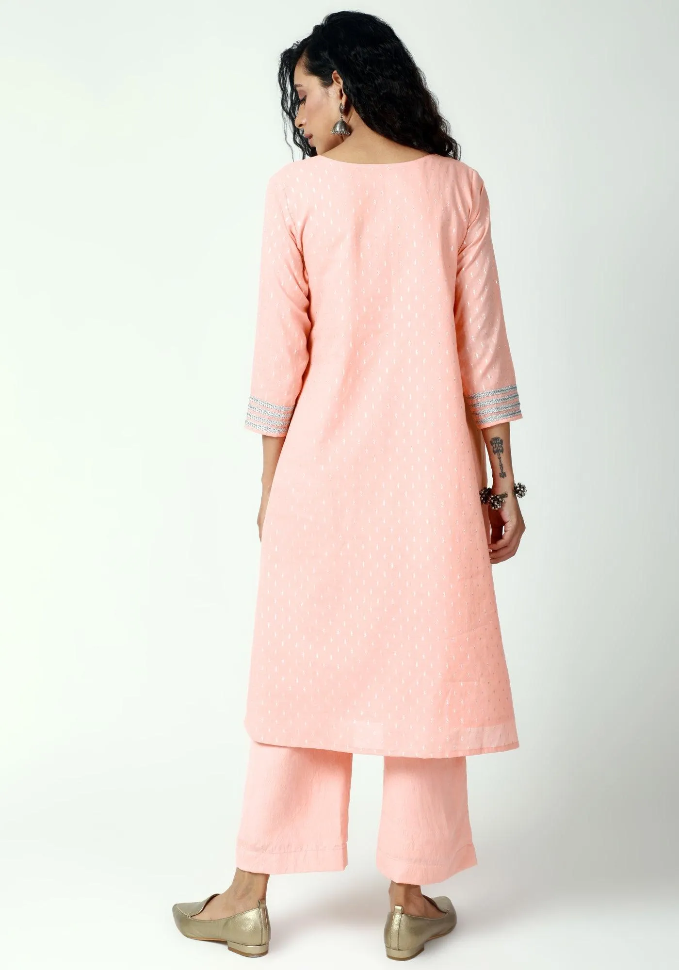 Peach Silver Laced Kurta-Pant-Dupatta