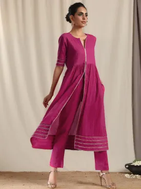 Pink Crinkle Front Slit Gota Kurta Pant Set