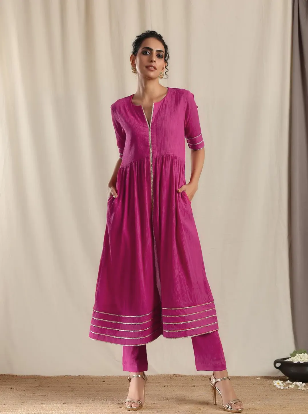 Pink Crinkle Front Slit Gota Kurta Pant Set