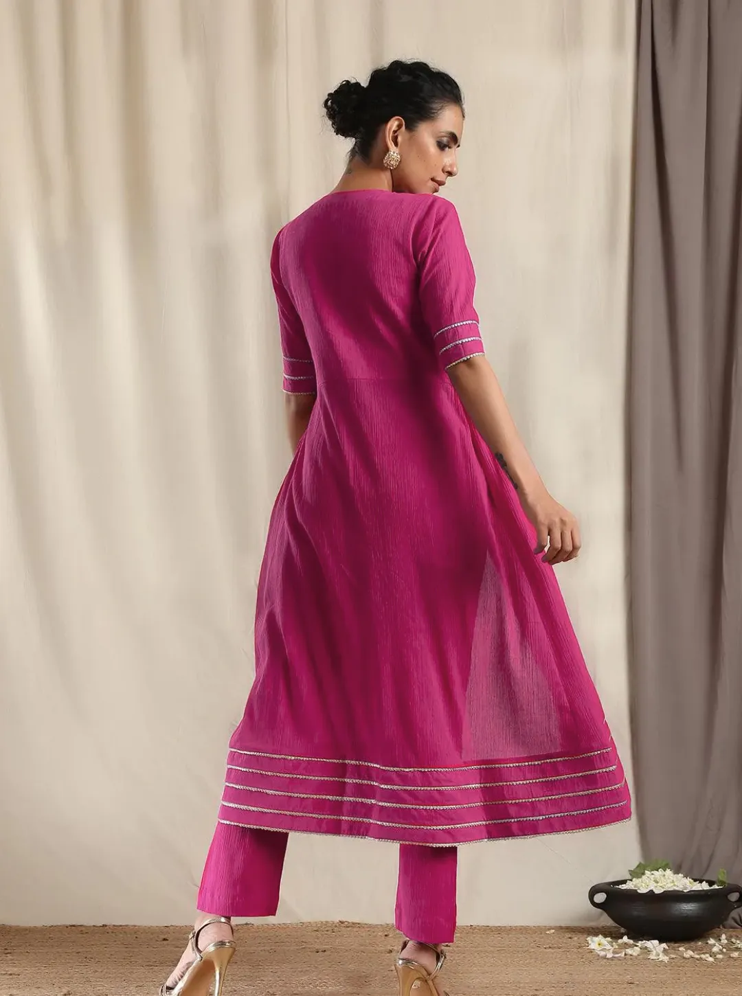 Pink Crinkle Front Slit Gota Kurta Pant Set