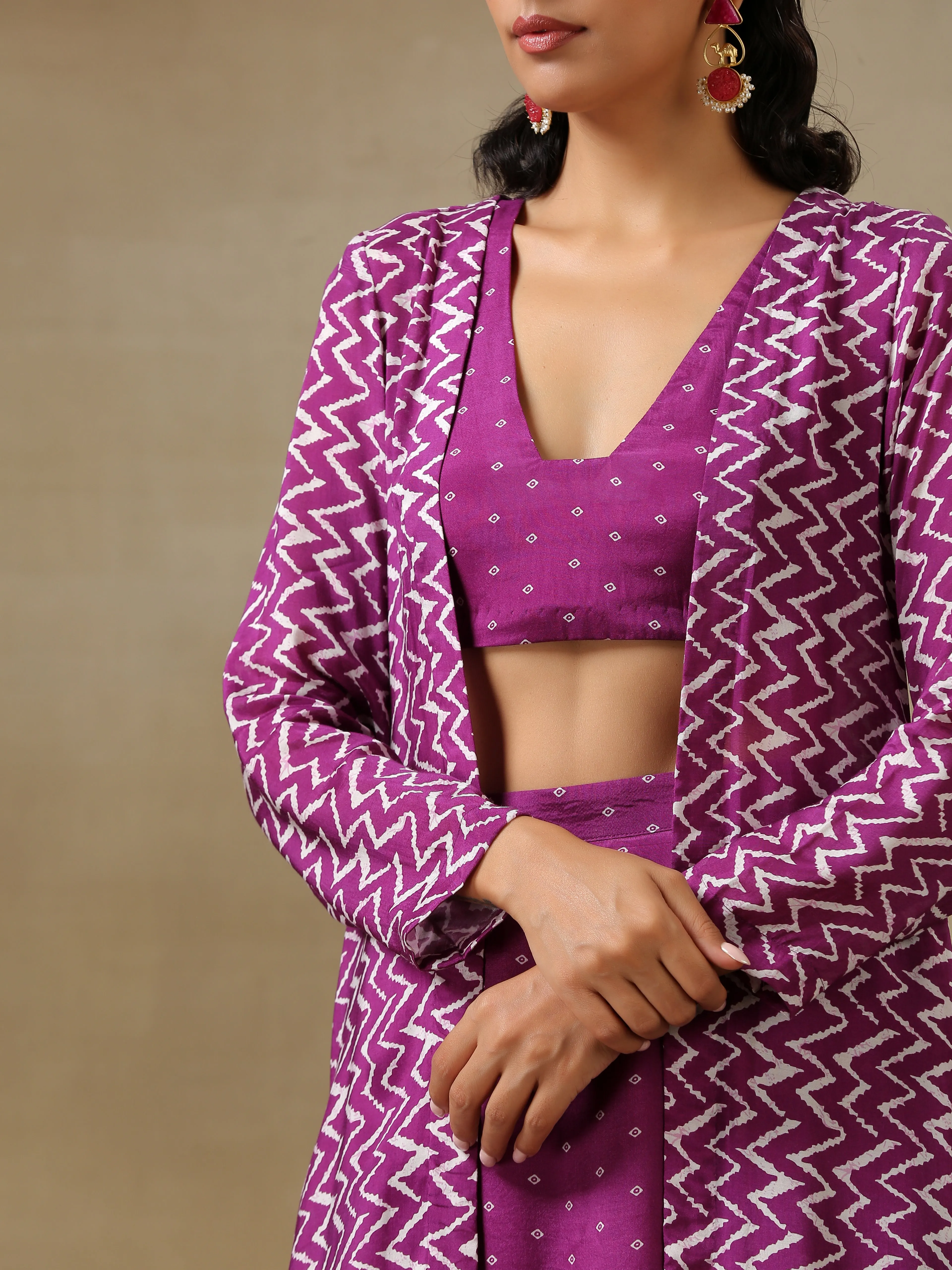 Purple Bandhani Printed Silk Top Skirt Jacket Set