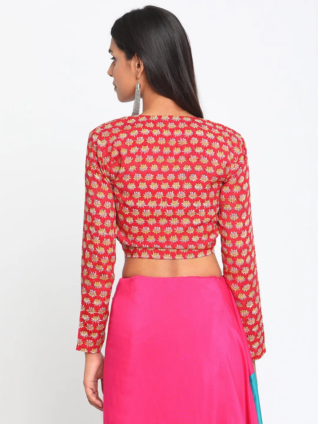 Red Hand Block Printed Tie Up Silk Blouse