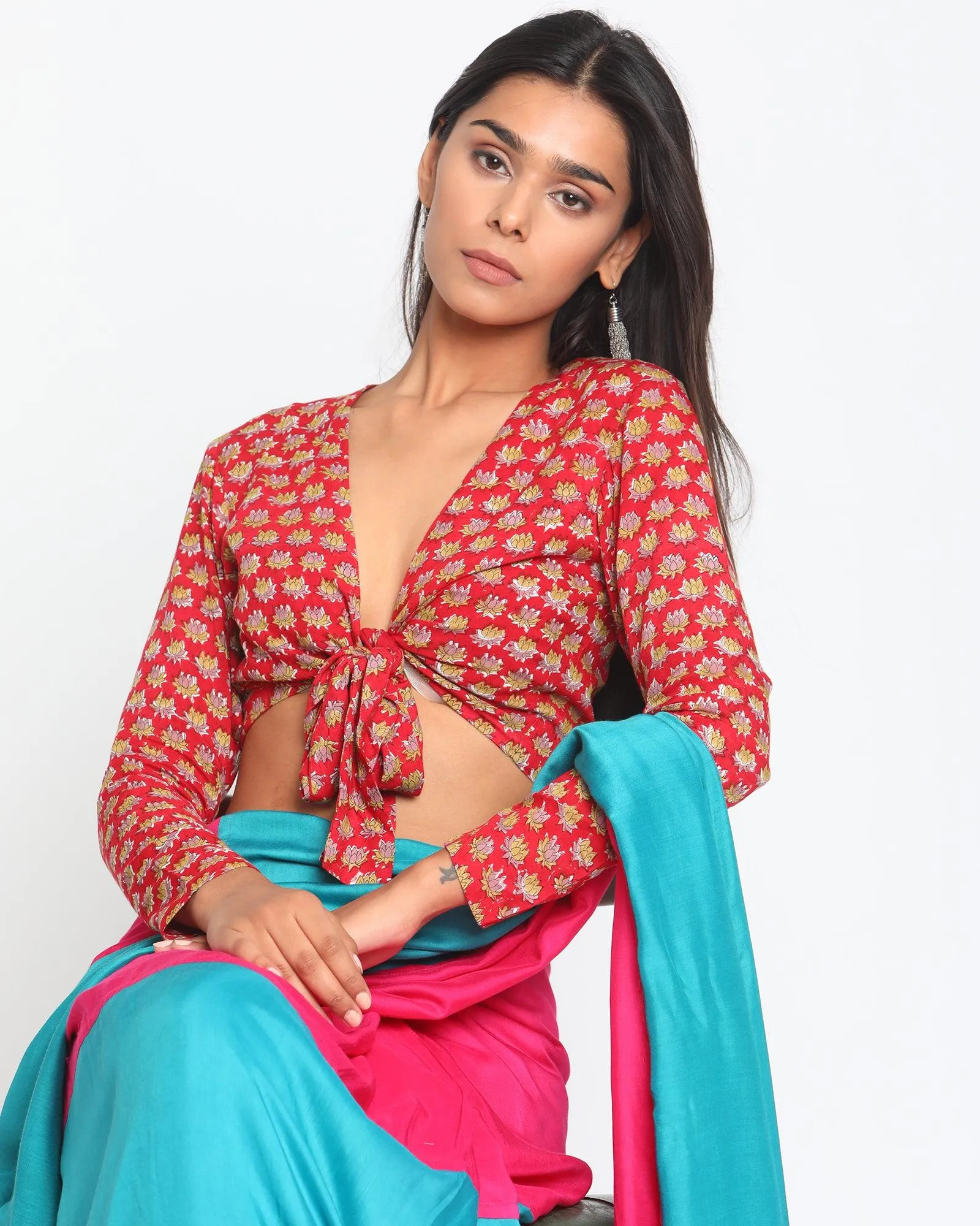 Red Hand Block Printed Tie Up Silk Blouse