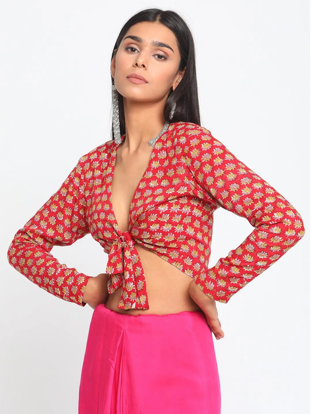 Red Hand Block Printed Tie Up Silk Blouse