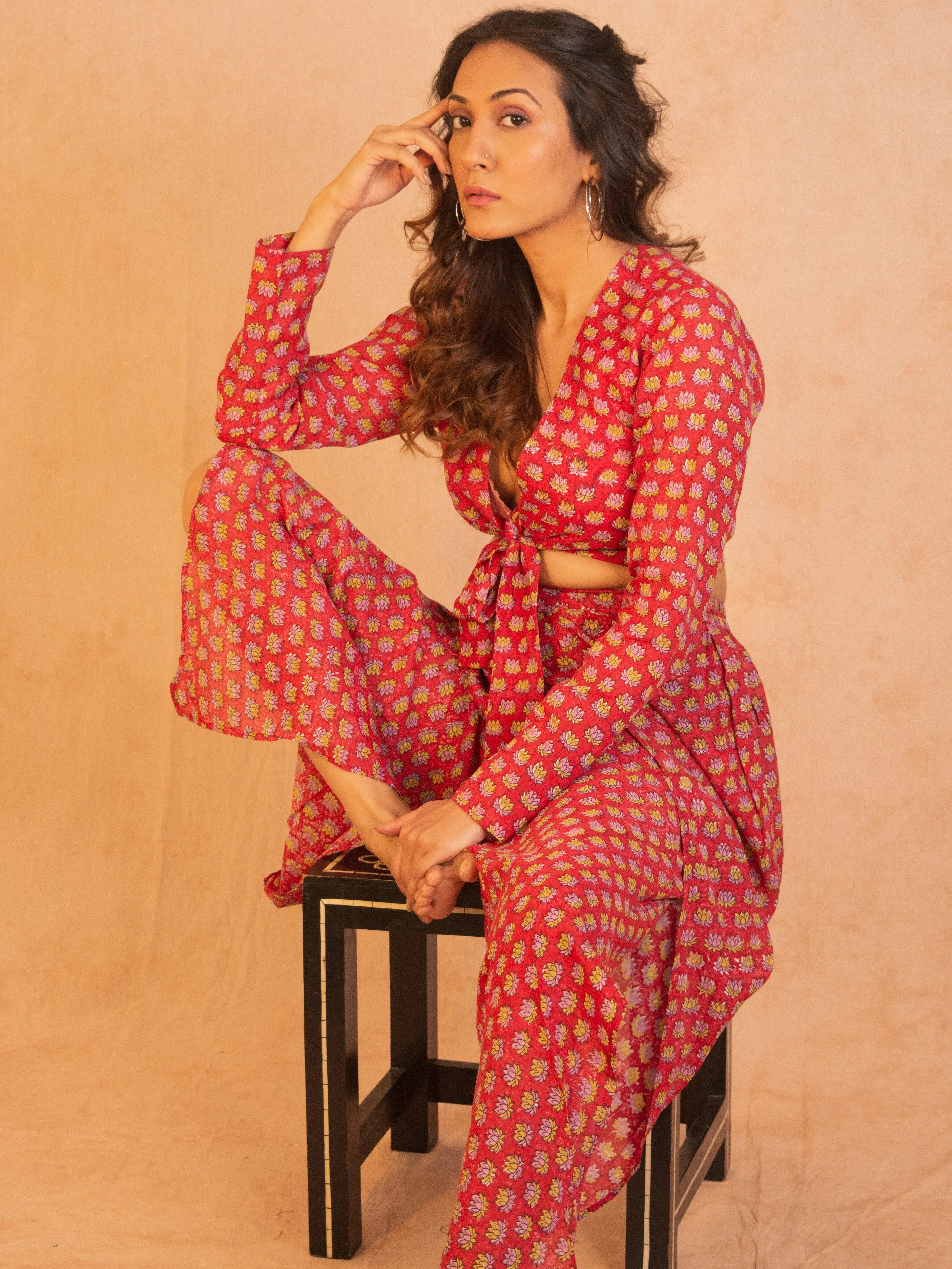 Red Hand Block Printed Tie Up Silk Blouse