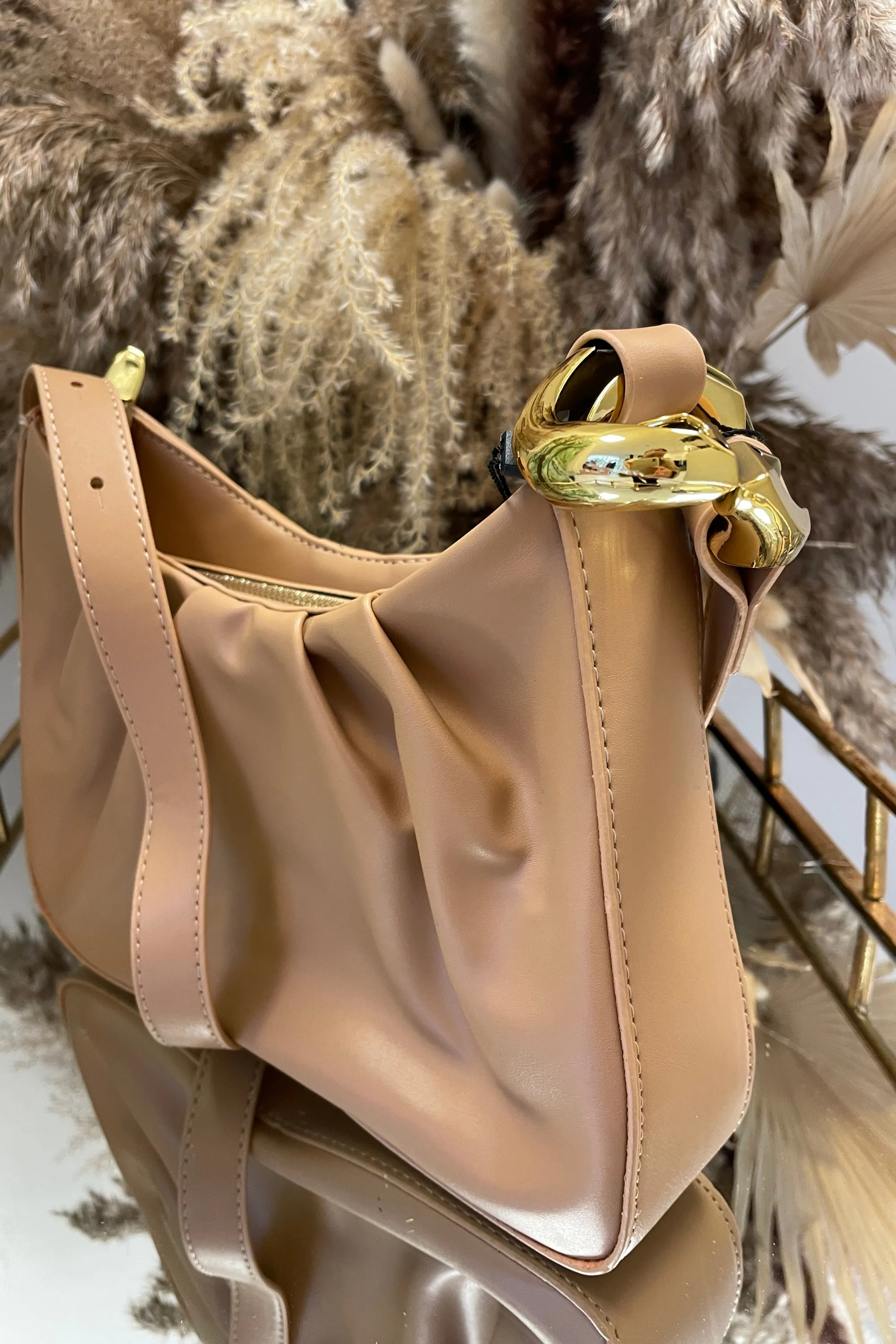 Tan Faux Leather Golden Chain Shoulder Bag