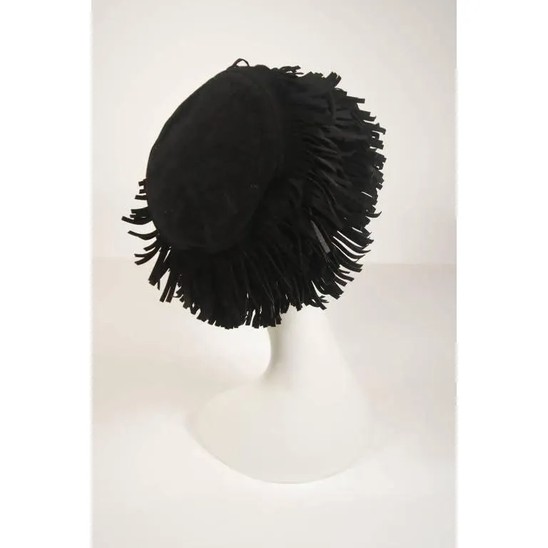 YVES SAINT LAURENT Black Suede Fringe Hat | Size 58