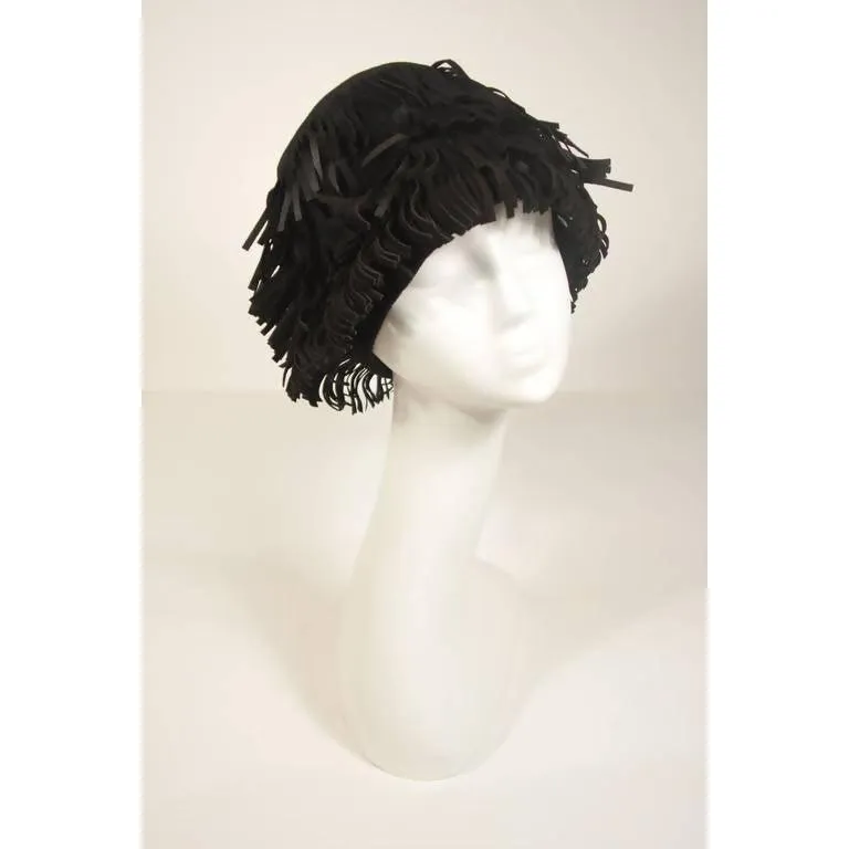 YVES SAINT LAURENT Black Suede Fringe Hat | Size 58