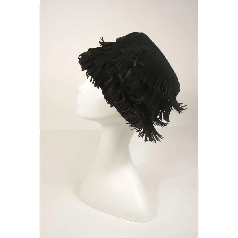 YVES SAINT LAURENT Black Suede Fringe Hat | Size 58