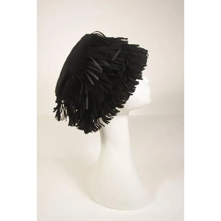 YVES SAINT LAURENT Black Suede Fringe Hat | Size 58