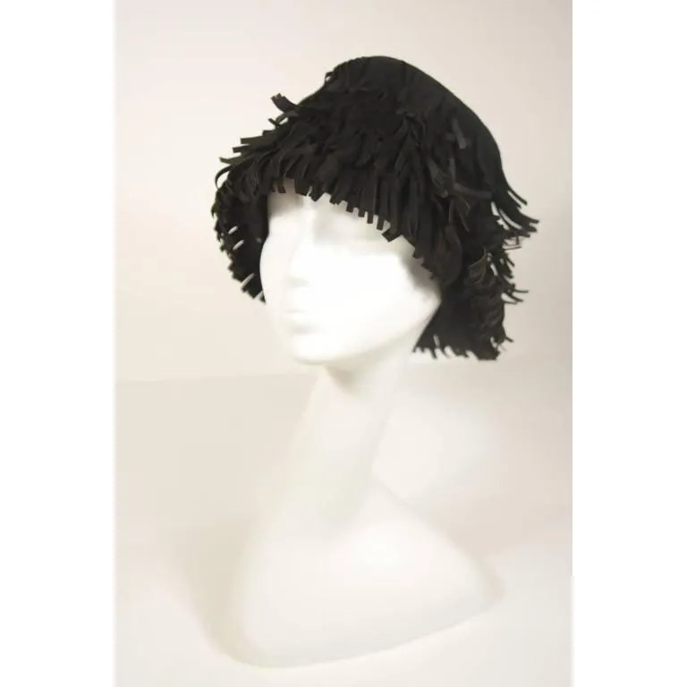 YVES SAINT LAURENT Black Suede Fringe Hat | Size 58