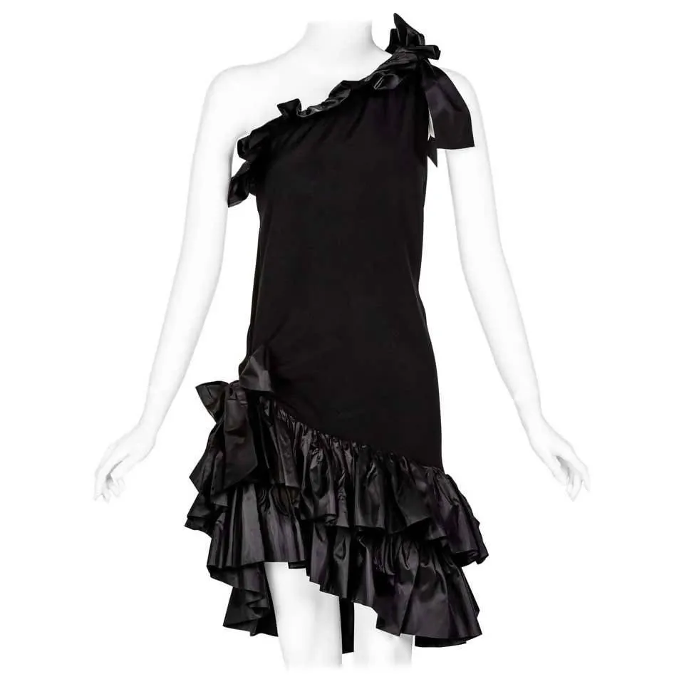 YVES SAINT LAURENT One Shoulder Ruffle Black Dress | Size M